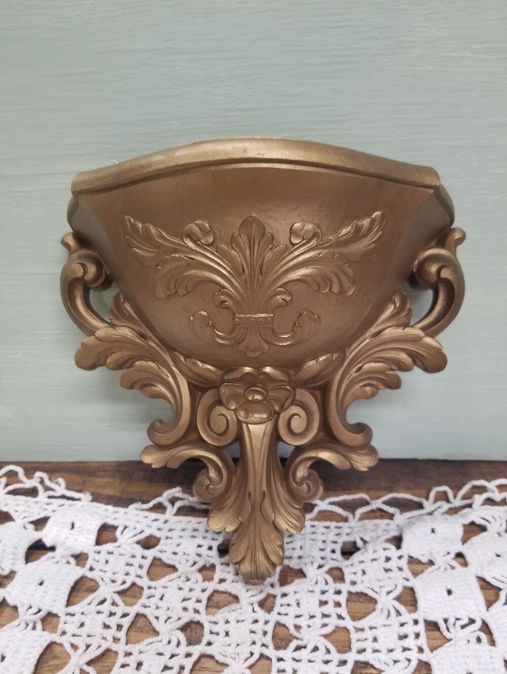 Vintage Homco Gold Wall Pocket, Ornate Floral Swirls, Hollywood Regency Decor